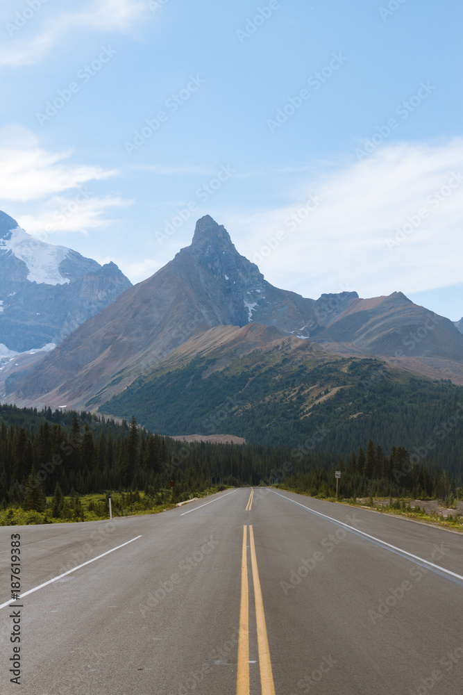Fototapeta premium Scenic Icefields Parkway highway in Rocky Mountains, Alberta, Canada on sunny day