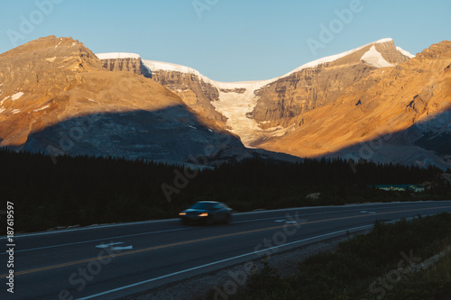 Scenic Icefields Parkway with sunrise light on mountains in Jasper, Canada © Martin Hossa