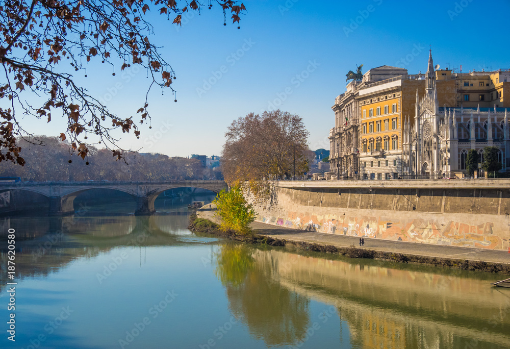 Rome (Italy) - The monumental Lungotevere in historic center of Rome. Here in particular the gothic church named 'Chiesa del Sacro Cuore del Suffragio'