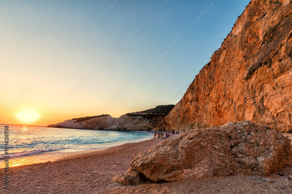 Beautiful sunset background in the sea at Porto Katsiki Beach in Lefkada Island, Greece