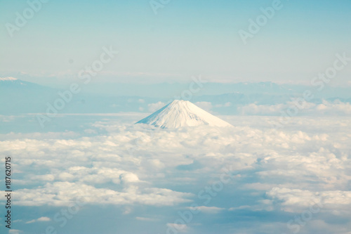 Fuji mountain in Japan with the group of cloud in the aerial view background