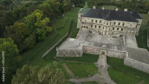 Aerial footage with flying away from Pidhirtsi Castle at summer (4K, 25fps)
