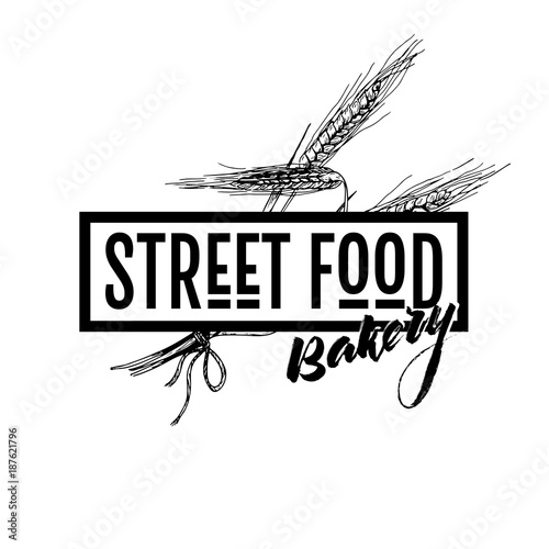 Hand drawn fast food banner. Street food bakery framed logo with wheat ers. engraved vector illustration. Isolated on white. restaurant, menu, street food, bakery, cafe, logo, flyer banner