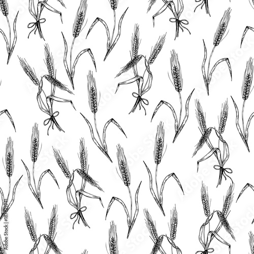 Vector hand drawn seamless pattern of wheat ears. Hand drawn set of fast food. Vintage engraved illustration. Isolated on white. For restaurant, menu, street food, bakery, cafe, logo, flyer