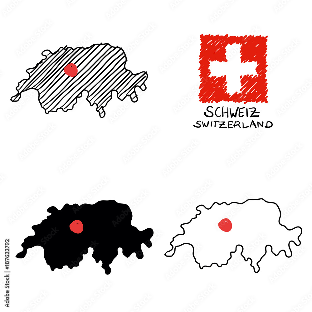 Schweiz Switzerland Landkarte gezeichnet schraffiert Umriss mit Fahne –  Stock-Vektorgrafik | Adobe Stock