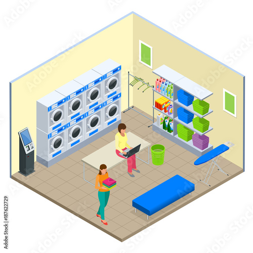 Laundry service and dry cleaning concept. Row of industrial laundry machines in laundromat. Iron, ironing board and laundry basketf. Flat isometric style vector illustration