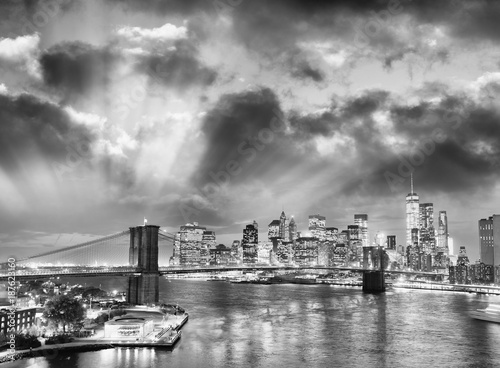 Night skyline of New York City in black and white, USA