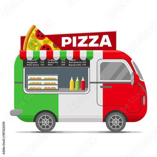 Pizza street food caravan trailer. Colorful vector illustration, cartoon style, isolated on white background