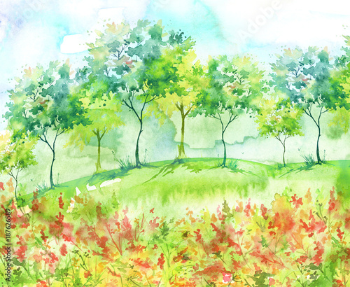 Beautiful watercolor postcard with wild flowers, pink, red plants. Watercolor background. Blossoming meadow, field, countryside landscape. Green Tree. Summer, Spring landscape. Silhouettes of forest.