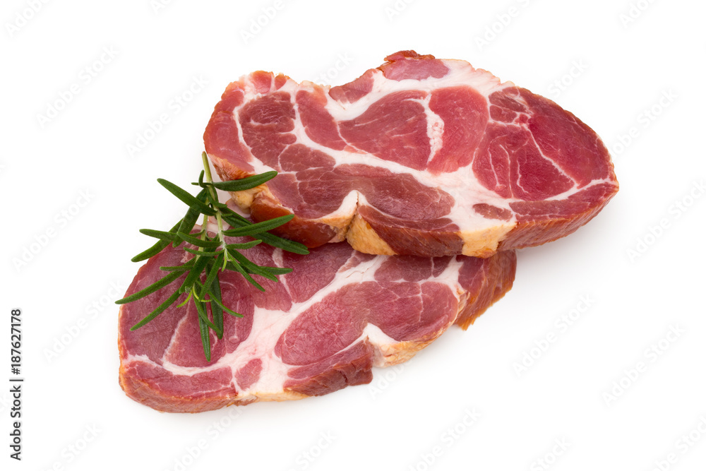 Fresh pig crude meat with rosemary. Fresh pig crude meat with rosemary.