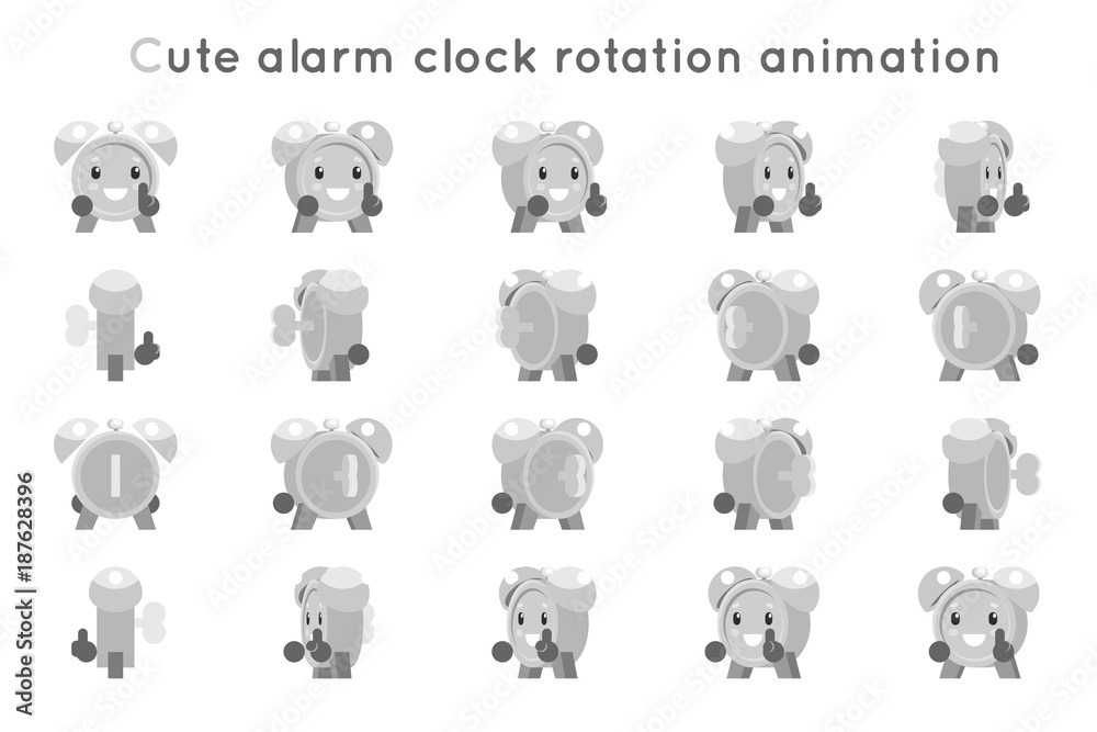 Naklejka premium Alarm clock cute child ticker kid character icons rotation animation symbols frames set isolated flat design vector illustration