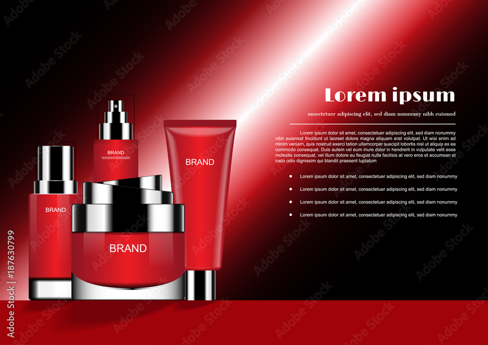 Cosmetic set and red light beam on dark background