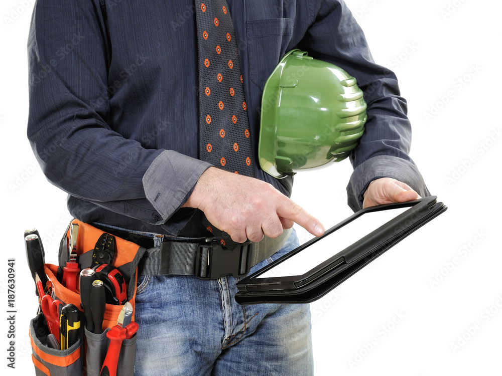 Close-up of an elegant electrician technician isolated on white background. Close-up of an elegant electrician technician isolated on white background.