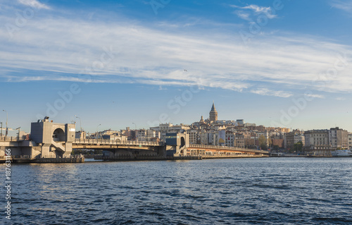 Galata Tower, Galata Bridge, Karakoy district and Golden Horn at morning