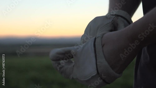 Farmer putting on gloves