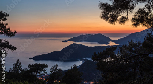 Oludeniz landscape beautiful sunset lagoon in sea view of beach, Turkey.