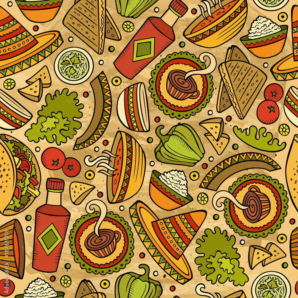 Naklejka premium Cartoon hand-drawn latin american, mexican seamless pattern