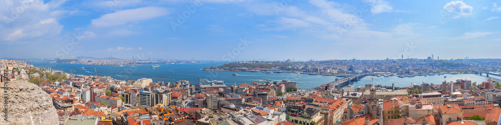 Panoramic Golden Horn sunset view with Blue Mosque and Hagia Sophia from Galata tower