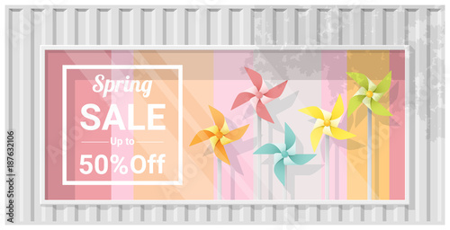 Spring sale window display with colorful pinwheels background , vector , illustration