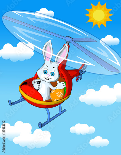 Easter greeting card hare waving hand helicopter red eggs transportation blue background clouds sun cartoon style 