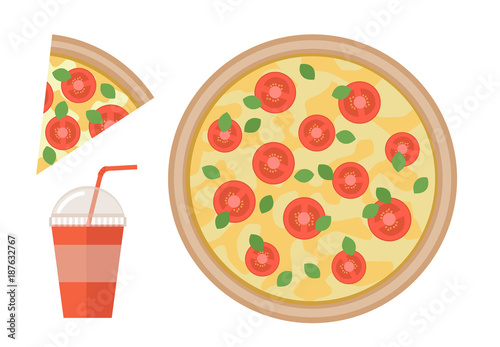 Vector flat pizza margherita illustration with drink in cup with straw isolated on white background