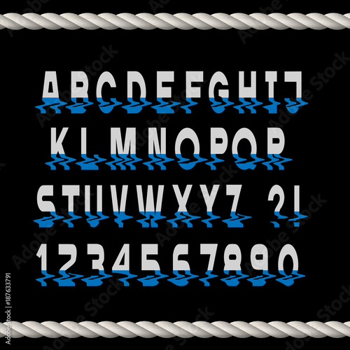 Glitch font letters and numbers with stylized reflection