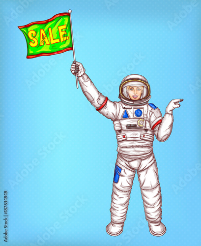 Vector young astronaut girl in a spacesuit holds a bright green flag with sale sign and points finger off to side. Pop art concept illustration on blue dotted background, for shopping flyers, ads