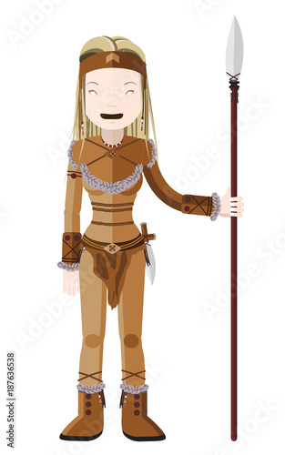 amazon warrior vector illustration, blonde nomad woman dressed in leather and furs with a spear, flat style