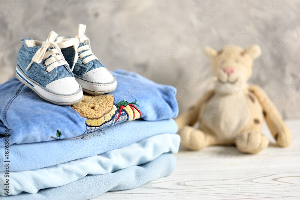 Baby Boy Clothes and shoes Background. Stock Photo | Adobe Stock