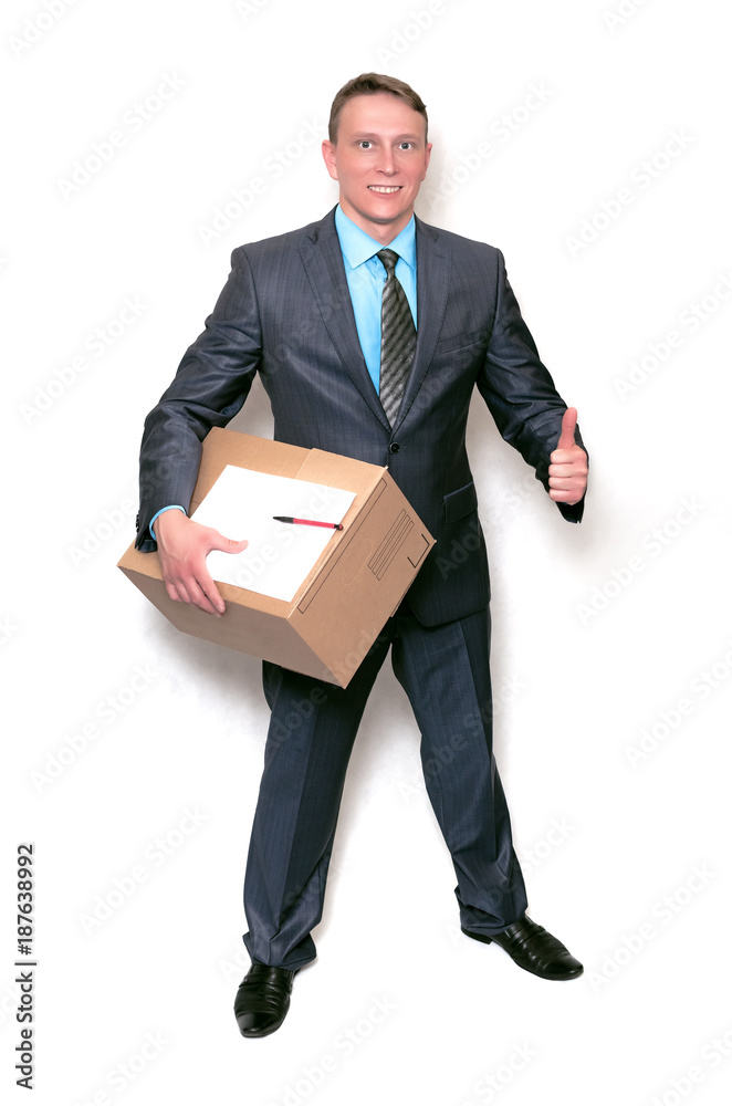 Delivery man is holding in hands a cardboard box package and supply contract document sheet with copy space isolated on white background. Postman with post box. Delivery man is holding in hands a cardboard box package and supply contract document sheet with copy space isolated on white background. Postman with post box.