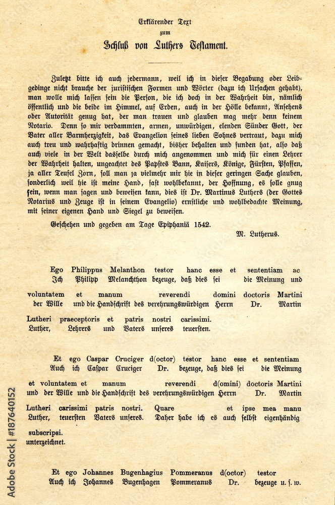 Obraz premium End of Luther's testament with signatures of Melanchthon, Creuziger and Bugenhagius (from Spamers Illustrierte Weltgeschichte, 1894, 5[1], 366/367)