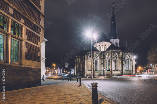 January, 3th, 2017 - Ghent, East Flanders, Belgium. Night view of gothic Saint James church also known as Sint-Jacobskerk or St. Jacob cathedral by illumination. Popular Gent architectural landmark.
