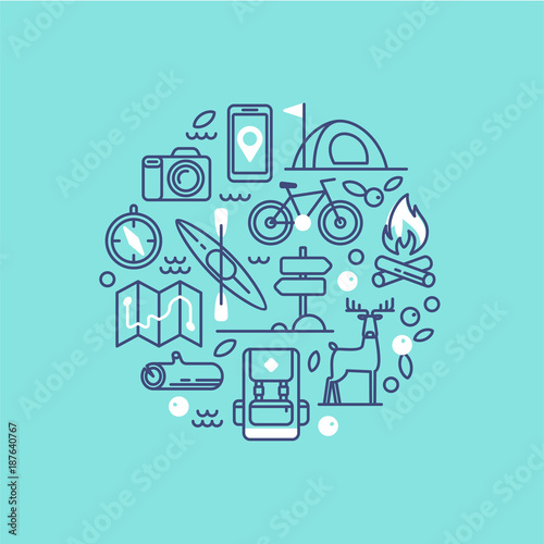 Set of icons and symbols for camping, hiking and outdoor recreation. Vector illustration.