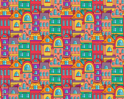 Town buildings houses old city seamless vector pattern © olizabet