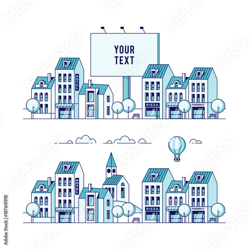 Set of cityscape. Vector illustration in linear style.