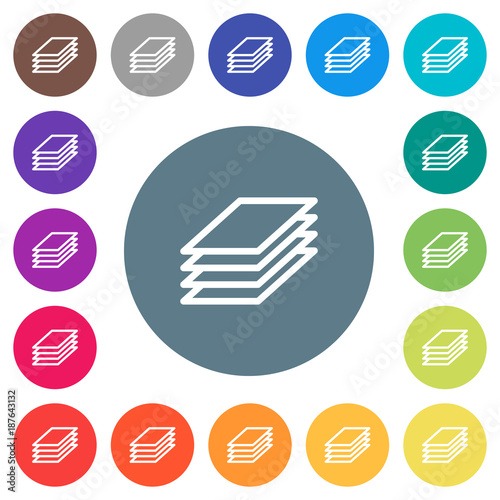 Printing papers flat white icons on round color backgrounds
