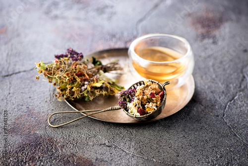 Herbal tea. Healing dried herbs, berries and flowers