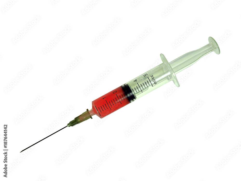 medical syringe with a sharp needle, red content, isolate medical syringe with a sharp needle, red content, isolate