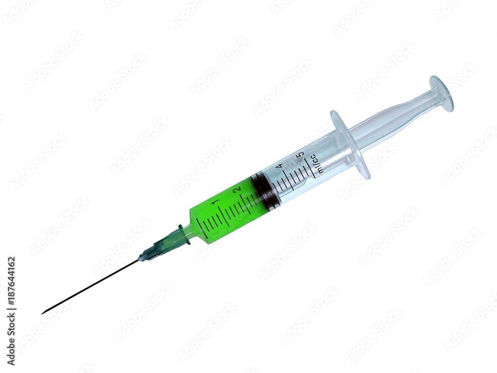 medical syringe with a sharp needle, toxic green content, isolate medical syringe with a sharp needle, toxic green content, isolate