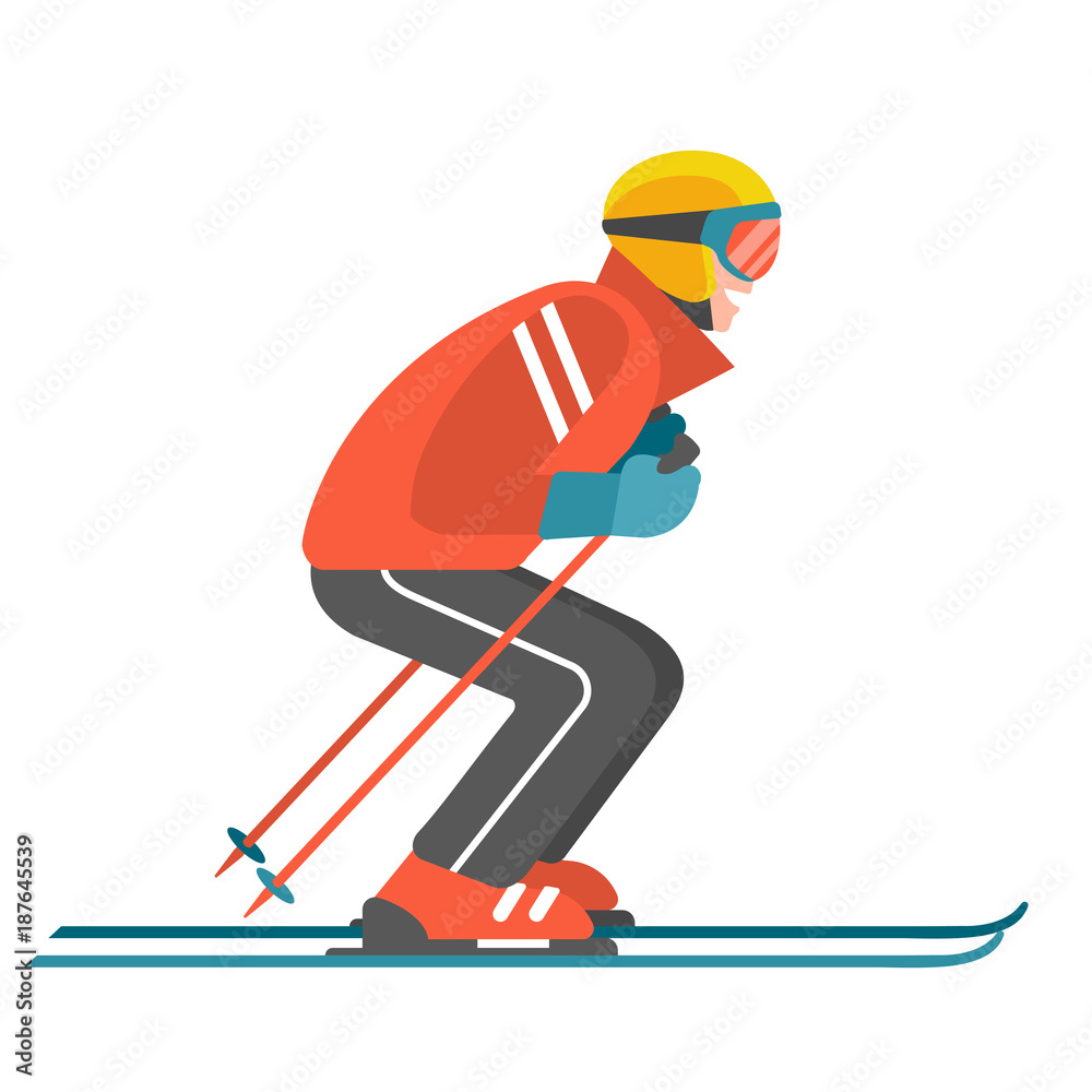Skier. Vector illustration of skiing man in a red jacket and full