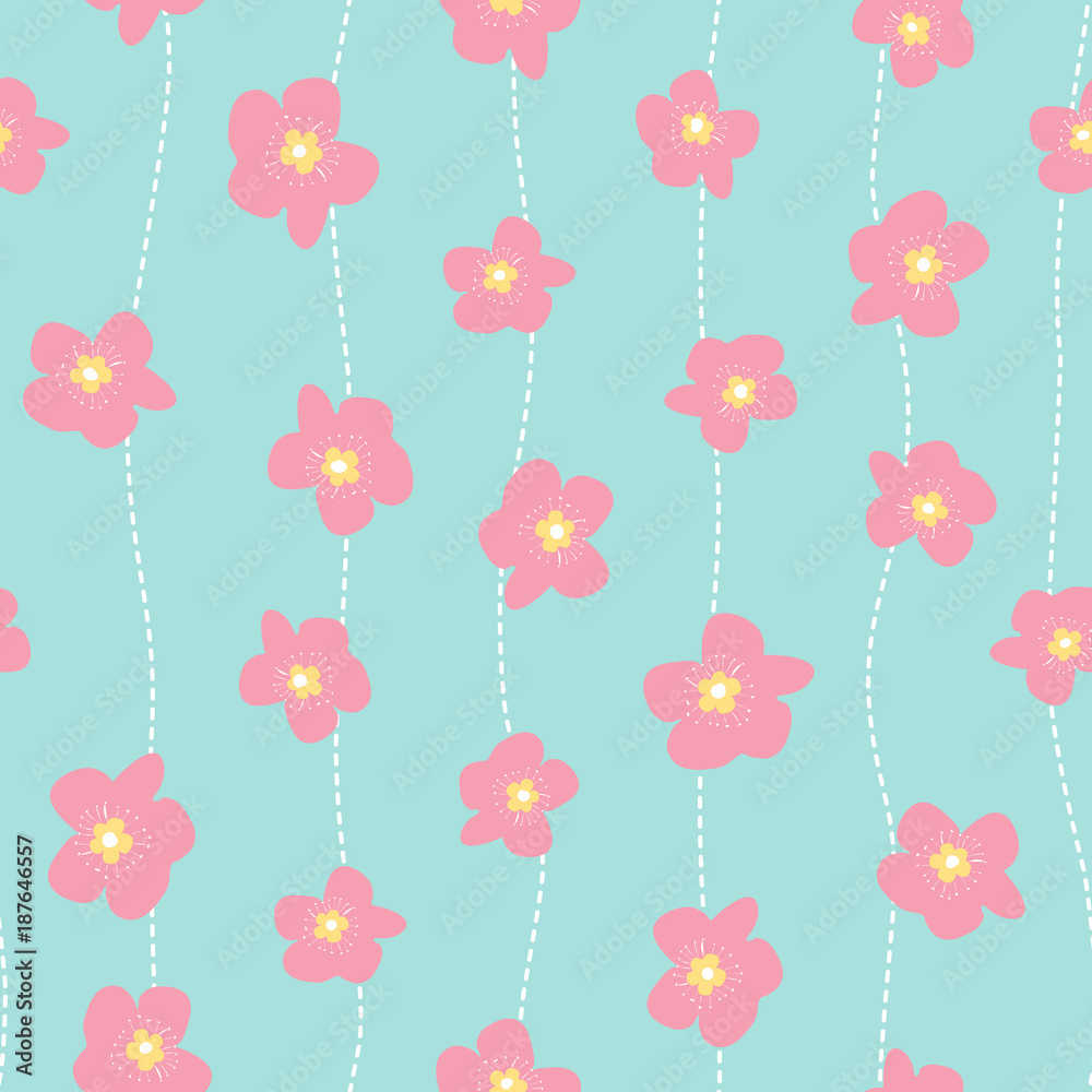 Seamless vector pattern with pink flowers and dotted line