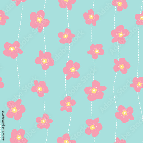 Seamless vector pattern with pink flowers and dotted line