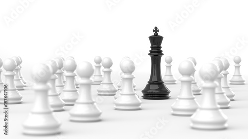 Leadership concept, black king of chess among white pawns. 3D Rendering.