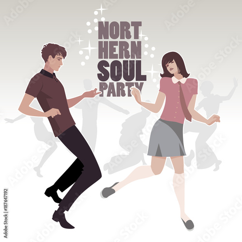 Young couple wearing retro clothes 60s, dancing Northern Soul or Mod style