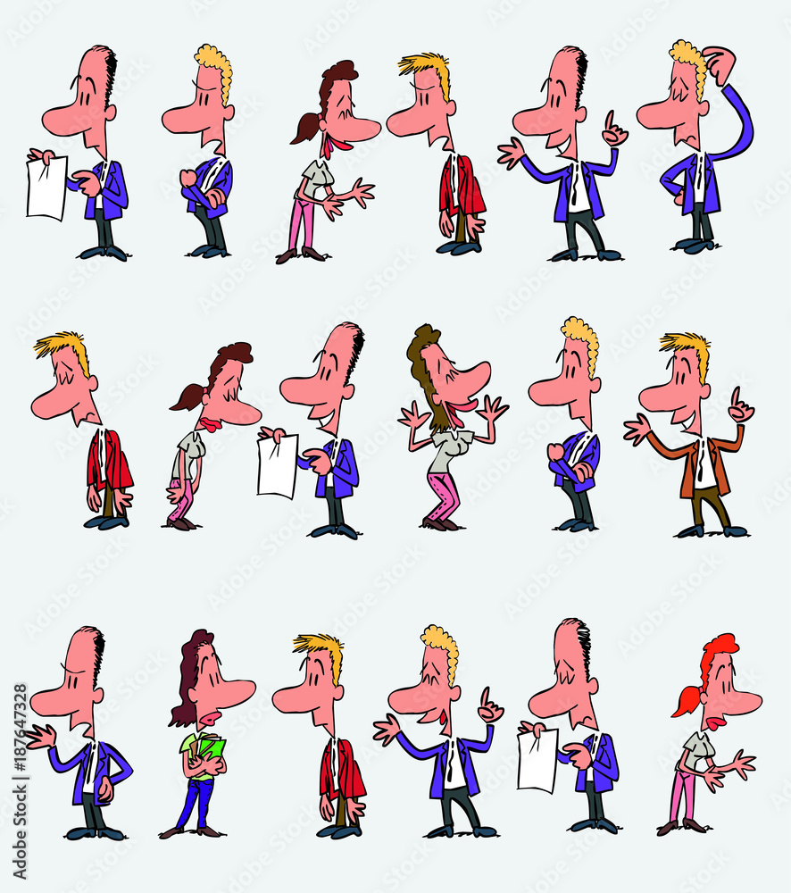 18 office workers characters in a different variations. The characters are angry, sad, happy, doubting. Vector illustration to isolated and funny cartoons characters. 18 office workers characters in a different variations. The characters are angry, sad, happy, doubting. Vector illustration to isolated and funny cartoons characters.