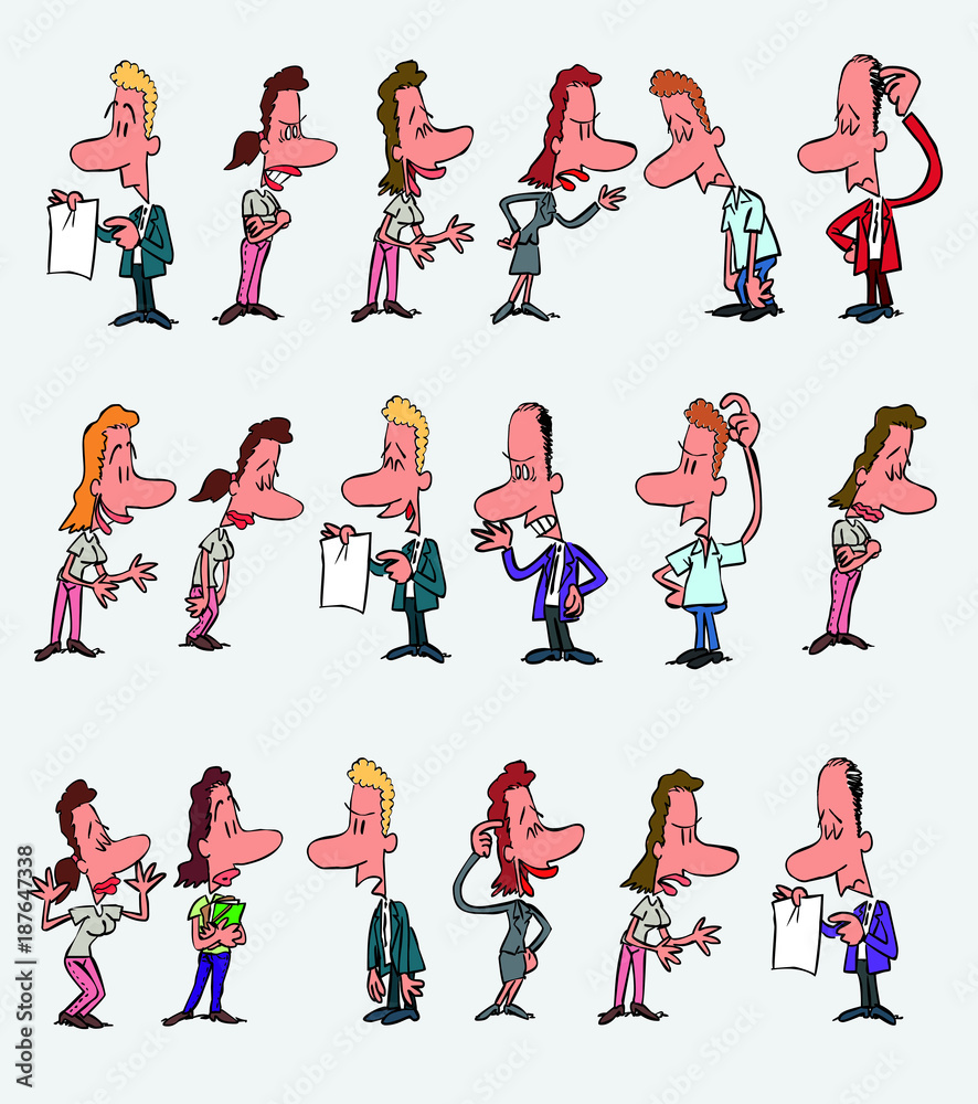 18 office workers characters in a different variations. The characters are angry, sad, happy, doubting. Vector illustration to isolated and funny cartoons characters. 18 office workers characters in a different variations. The characters are angry, sad, happy, doubting. Vector illustration to isolated and funny cartoons characters.