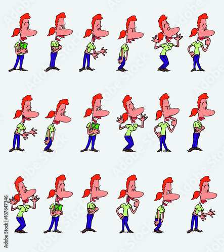 Female office worker character in a set with 18 variations. The character is angry  sad  happy  doubting.  Vector illustration to isolated and funny cartoons characters.