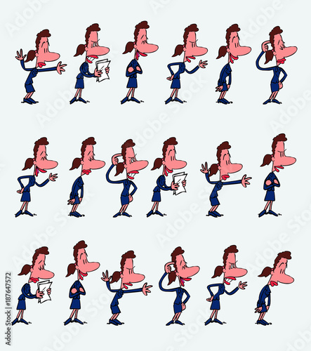 Female office worker character in a set with 18 variations. The character is angry, sad, happy, doubting.  Vector illustration to isolated and funny cartoons characters.