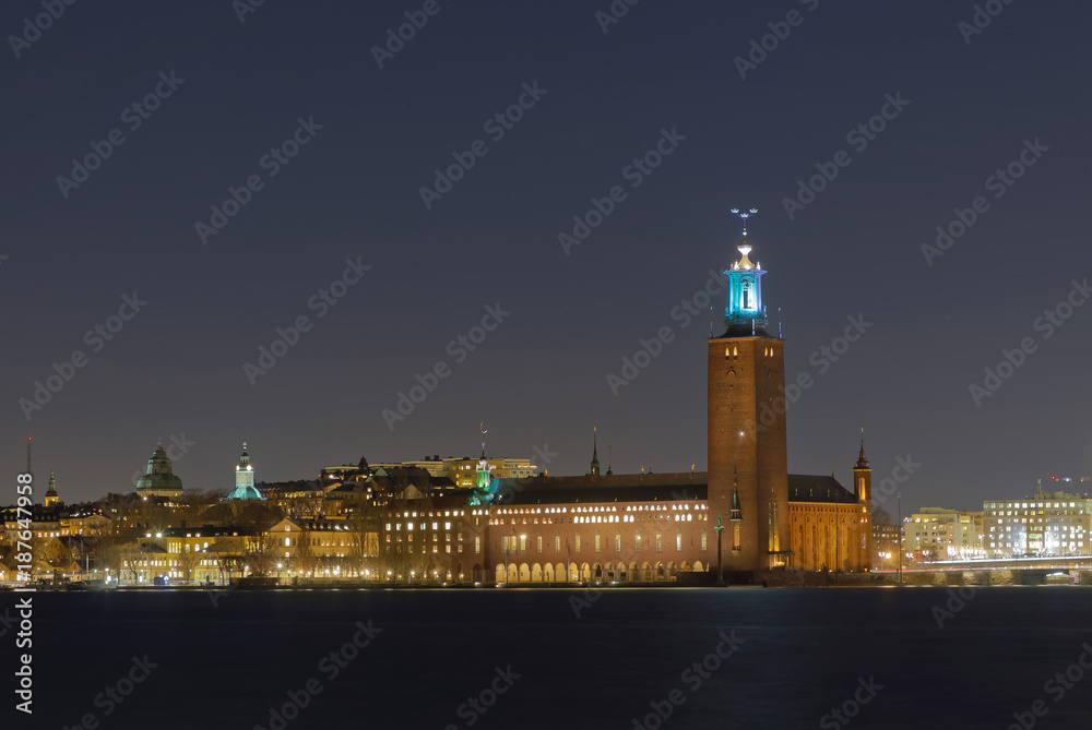 The Stockholm City Hall called Stadshuset during evening/night in central Stockholm