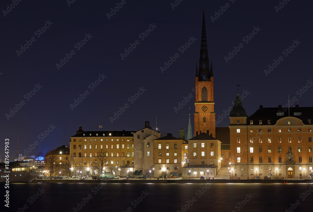 The medieval Church Riddarholmskyrkan built 1300, during evening/night in central Stockholm
